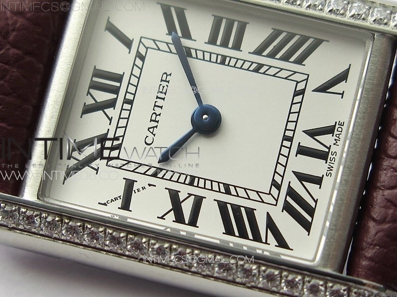 Tank Louis Ladies 22mm SS Crystal 8848F 1:1 Best Edition White Dial on Dark Red Leather Strap Ronda Quartz