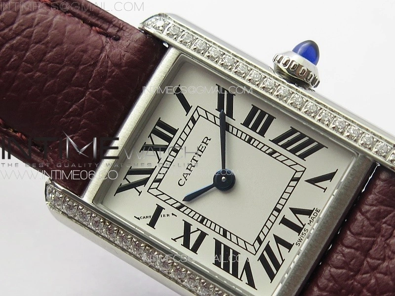 Tank Louis Ladies 22mm SS Crystal 8848F 1:1 Best Edition White Dial on Dark Red Leather Strap Ronda Quartz
