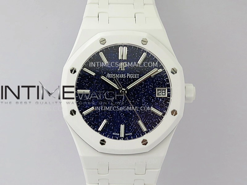 Royal Oak 15500 White Ceramic APSF 1:1 Best Edition Blue Starry Dial On White Ceramic Bracelet SA4302 Super Clone
