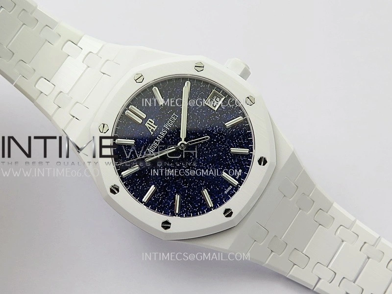 Royal Oak 15500 White Ceramic APSF 1:1 Best Edition Blue Starry Dial On White Ceramic Bracelet SA4302 Super Clone