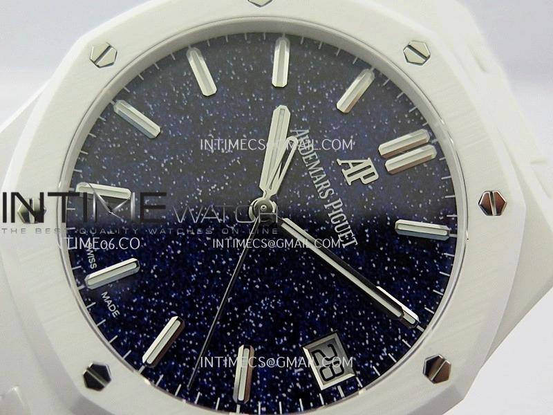 Royal Oak 15500 White Ceramic APSF 1:1 Best Edition Blue Starry Dial On White Ceramic Bracelet SA4302 Super Clone