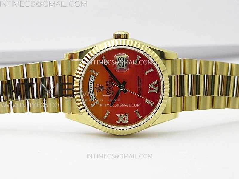 Day Date 36mm Gain Weight YG tungsten APSF 1:1 Best Edition Red Dial Diamond Roman Markers on SS President Bracelet A3255