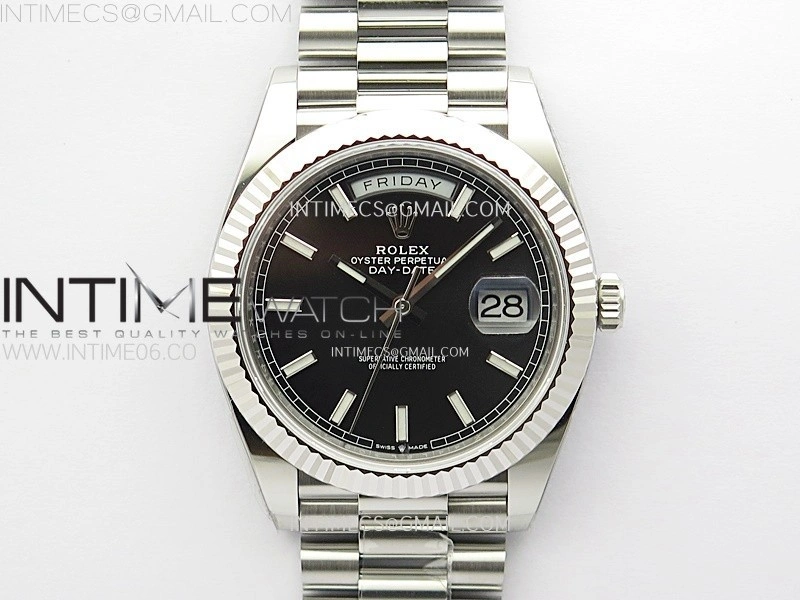 Day Date 228236 40mm 904L SS 1:1 AR+F Best Edition Black Dial Sticks Markers on SS President Bracelet SA3255