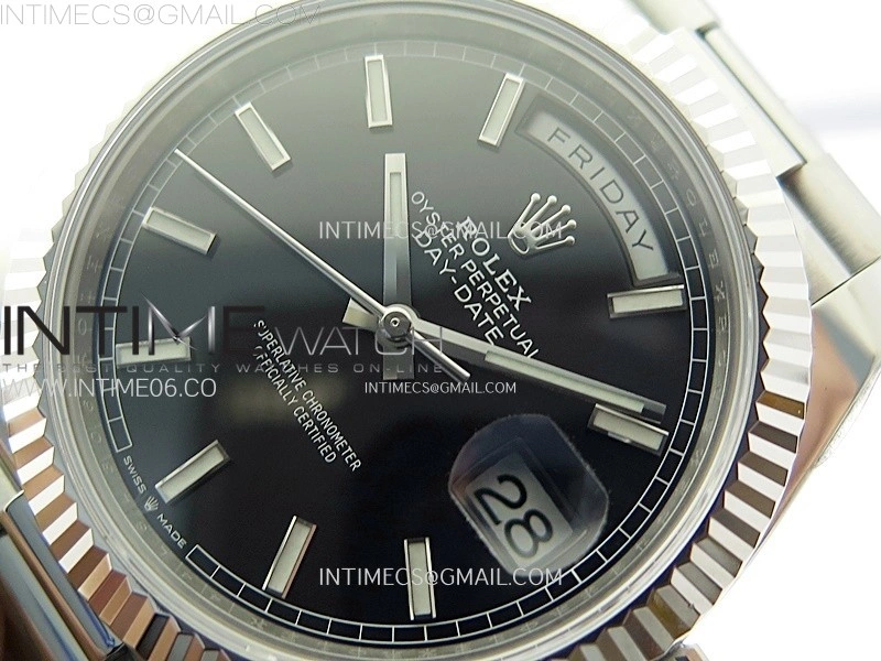 Day Date 228236 40mm 904L SS 1:1 AR+F Best Edition Black Dial Sticks Markers on SS President Bracelet SA3255
