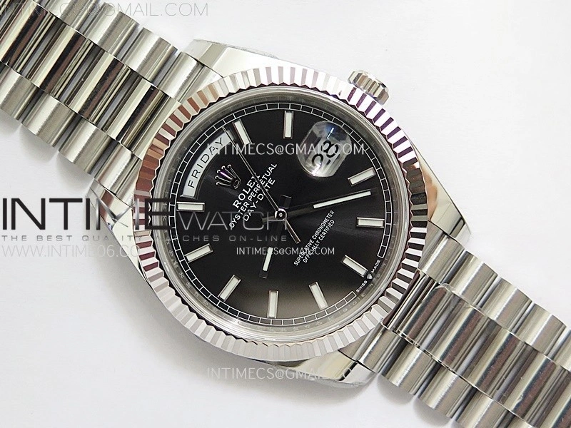 Day Date 228236 40mm 904L SS 1:1 AR+F Best Edition Black Dial Sticks Markers on SS President Bracelet SA3255