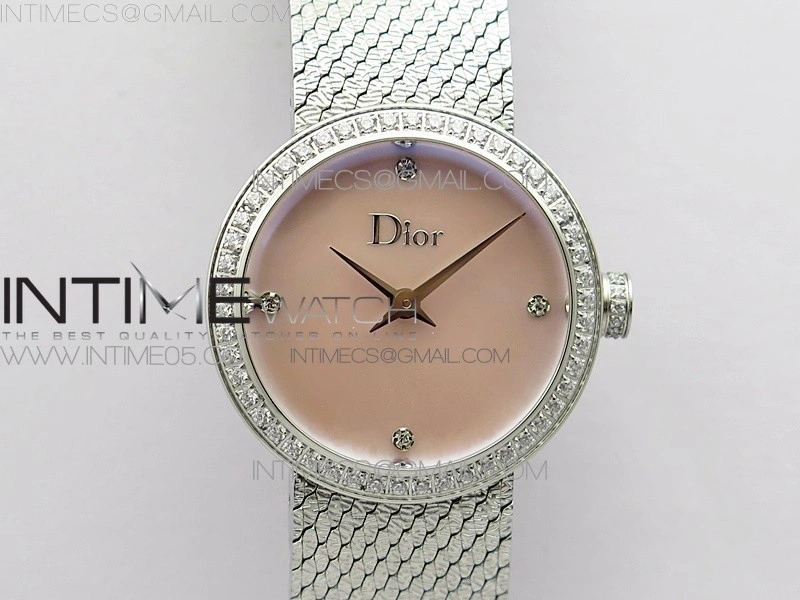 La d de dior satine SS Crystal Bezel 8848F 1:1 Best Edition Pink MOP Dial on SS bracelet Swiss Quartz
