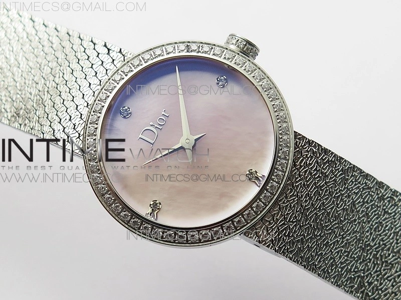 La d de dior satine SS Crystal Bezel 8848F 1:1 Best Edition Pink MOP Dial on SS bracelet Swiss Quartz