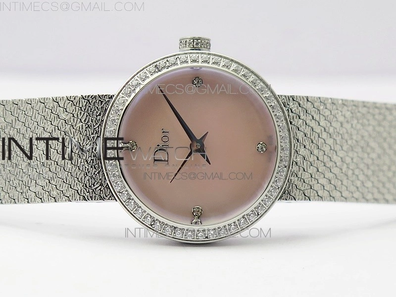 La d de dior satine SS Crystal Bezel 8848F 1:1 Best Edition Pink MOP Dial on SS bracelet Swiss Quartz