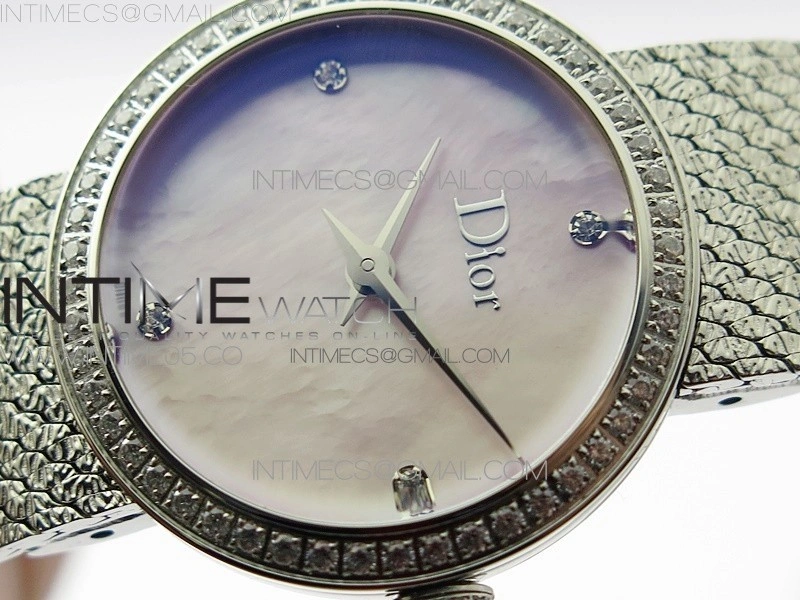 La d de dior satine SS Crystal Bezel 8848F 1:1 Best Edition Pink MOP Dial on SS bracelet Swiss Quartz