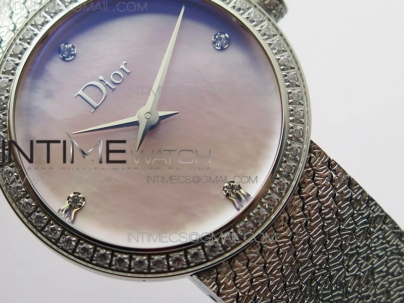 La d de dior satine SS Crystal Bezel 8848F 1:1 Best Edition Pink MOP Dial on SS bracelet Swiss Quartz