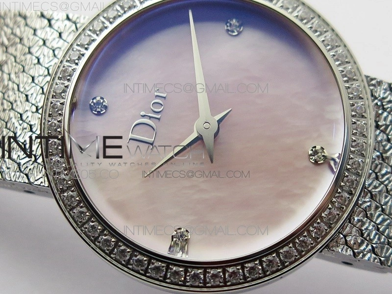 La d de dior satine SS Crystal Bezel 8848F 1:1 Best Edition Pink MOP Dial on SS bracelet Swiss Quartz