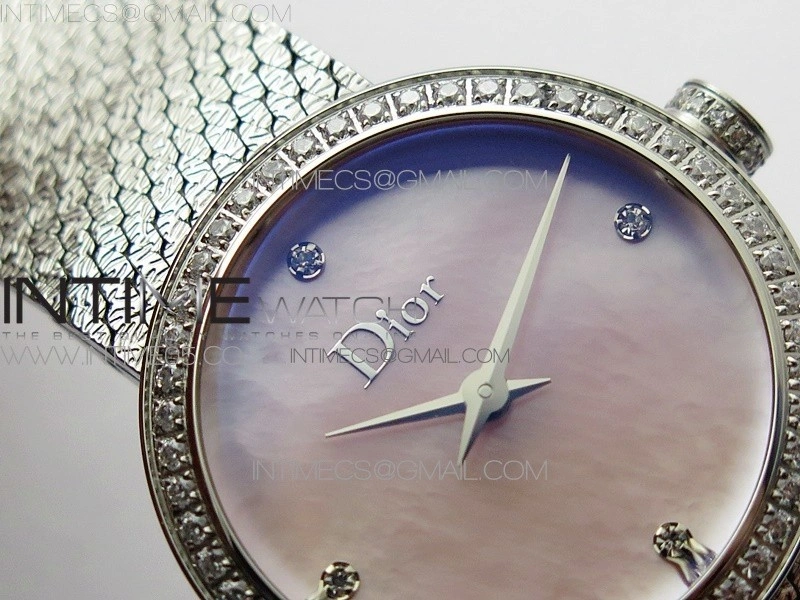 La d de dior satine SS Crystal Bezel 8848F 1:1 Best Edition Pink MOP Dial on SS bracelet Swiss Quartz
