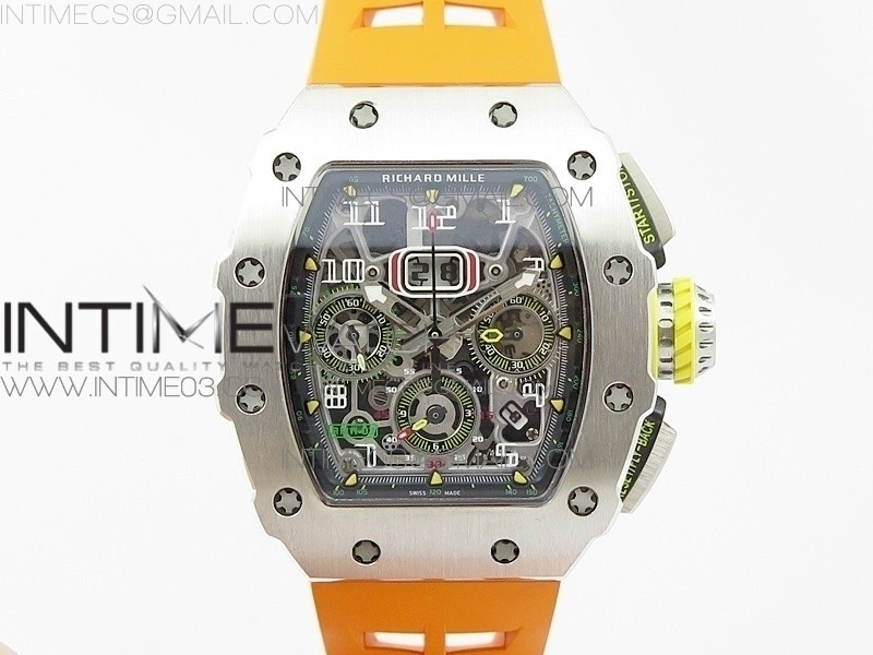 RM11-03 SS KVF 1:1 Best Edition Crystal Skeleton Dial on Orange Racing Rubber Strap A7750
