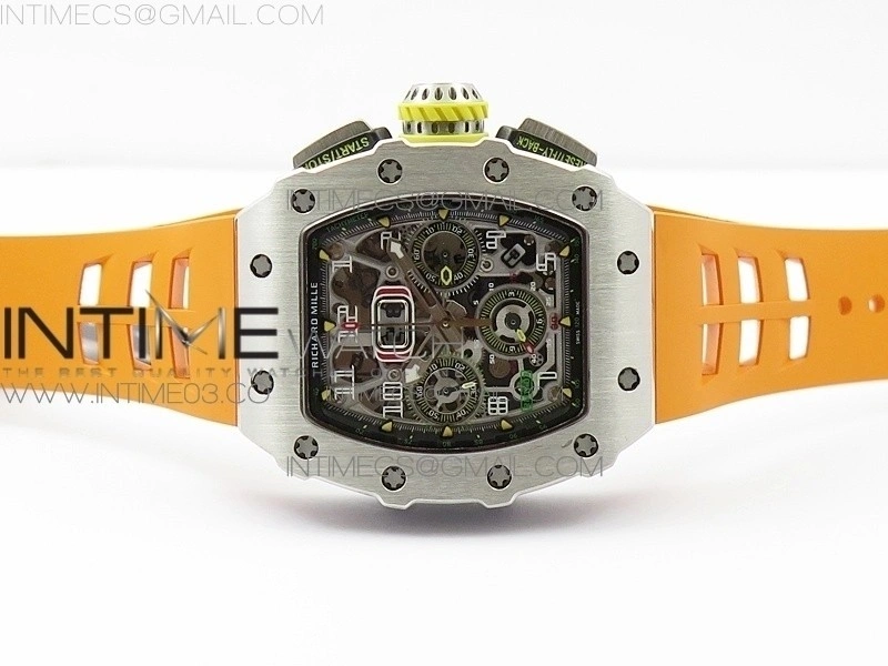 RM11-03 SS KVF 1:1 Best Edition Crystal Skeleton Dial on Orange Racing Rubber Strap A7750