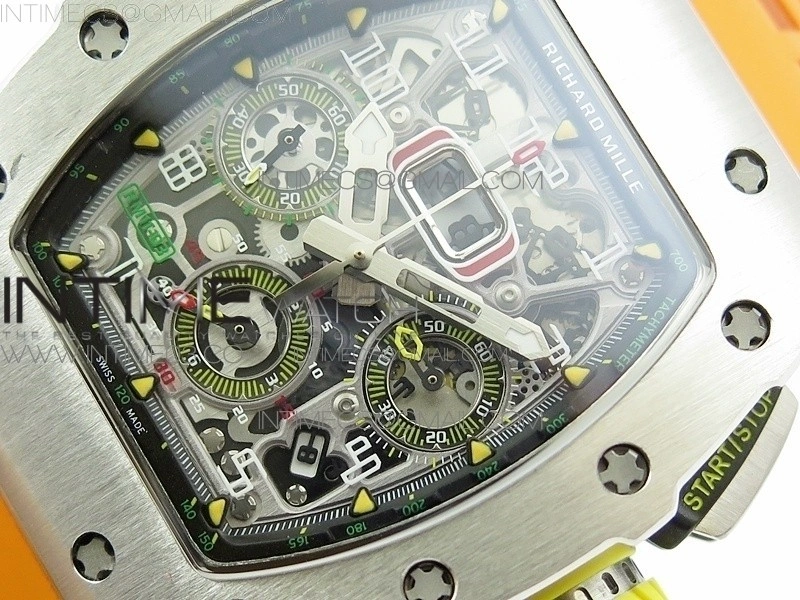 RM11-03 SS KVF 1:1 Best Edition Crystal Skeleton Dial on Orange Racing Rubber Strap A7750