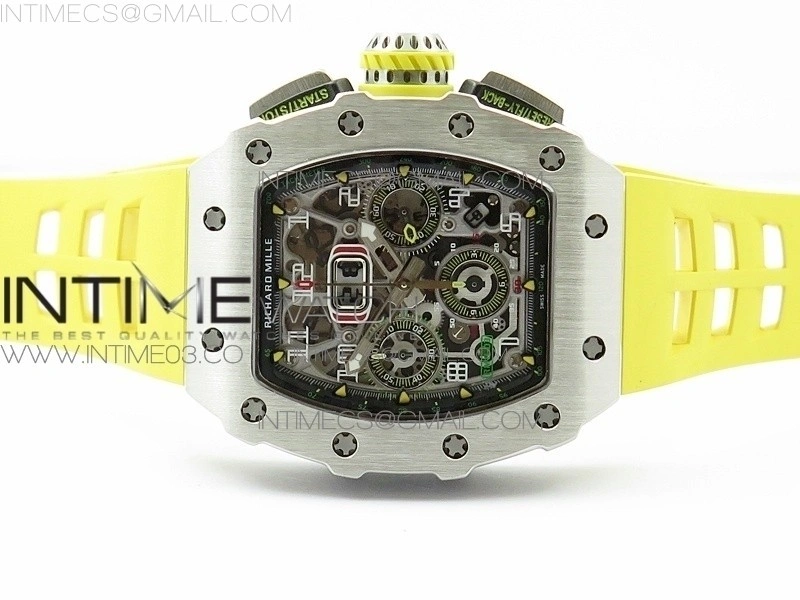 RM11-03 SS KVF 1:1 Best Edition Crystal Skeleton Dial on Yellow Racing Rubber Strap A7750