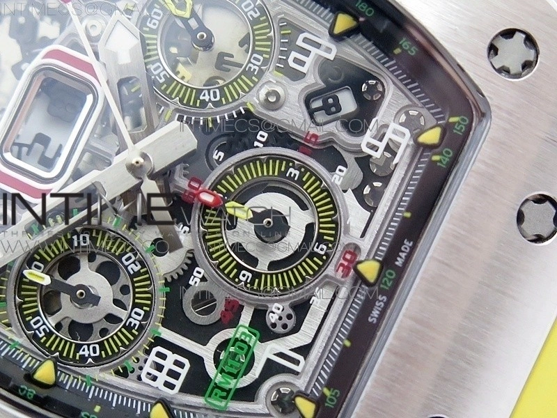 RM11-03 SS KVF 1:1 Best Edition Crystal Skeleton Dial on Yellow Racing Rubber Strap A7750
