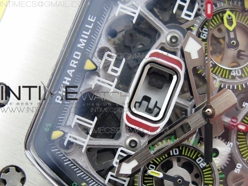 RM11-03 SS KVF 1:1 Best Edition Crystal Skeleton Dial on Yellow Racing Rubber Strap A7750