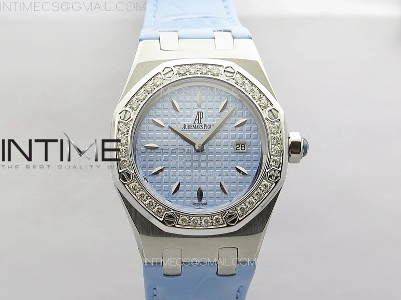 Lady Royal Oak 33mm 67620ST SS APSF 1:1 Best Edition Blue Textured Dial on Blue Leather Strap RONDA Quartz