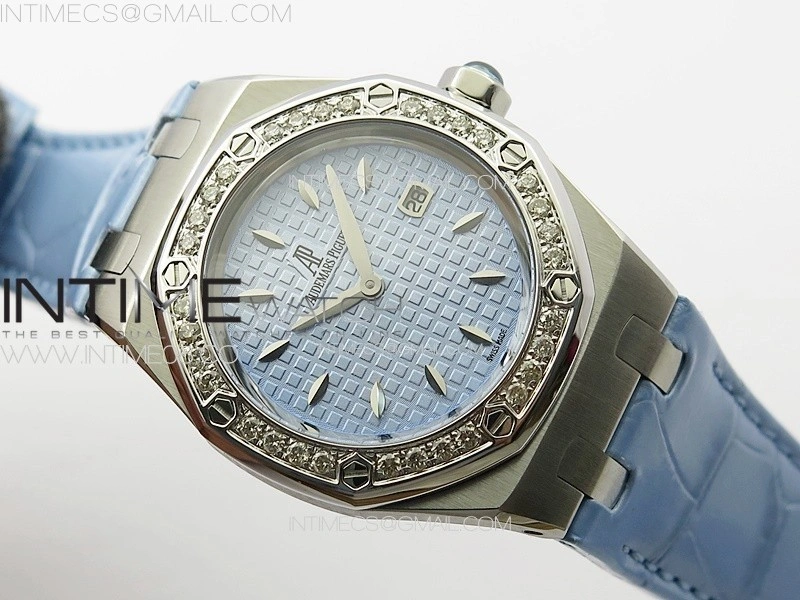 Lady Royal Oak 33mm 67620ST SS APSF 1:1 Best Edition Blue Textured Dial on Blue Leather Strap RONDA Quartz