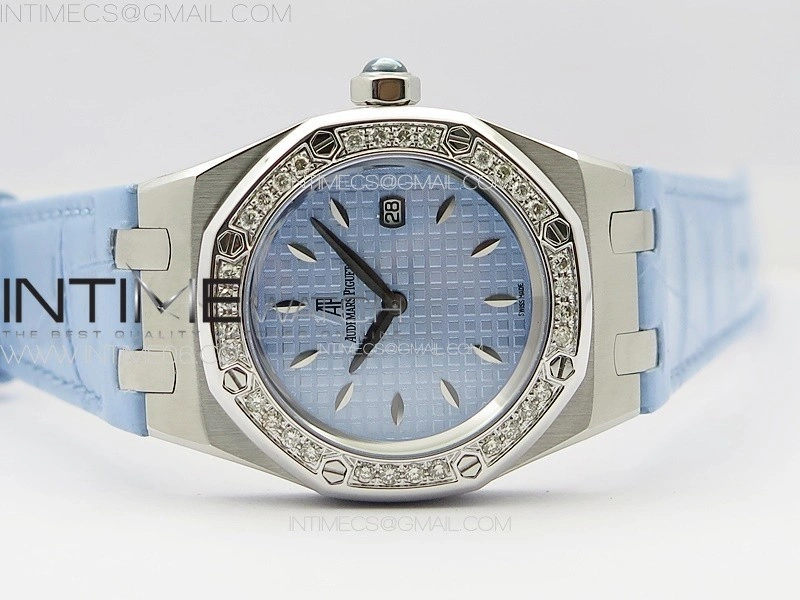 Lady Royal Oak 33mm 67620ST SS APSF 1:1 Best Edition Blue Textured Dial on Blue Leather Strap RONDA Quartz