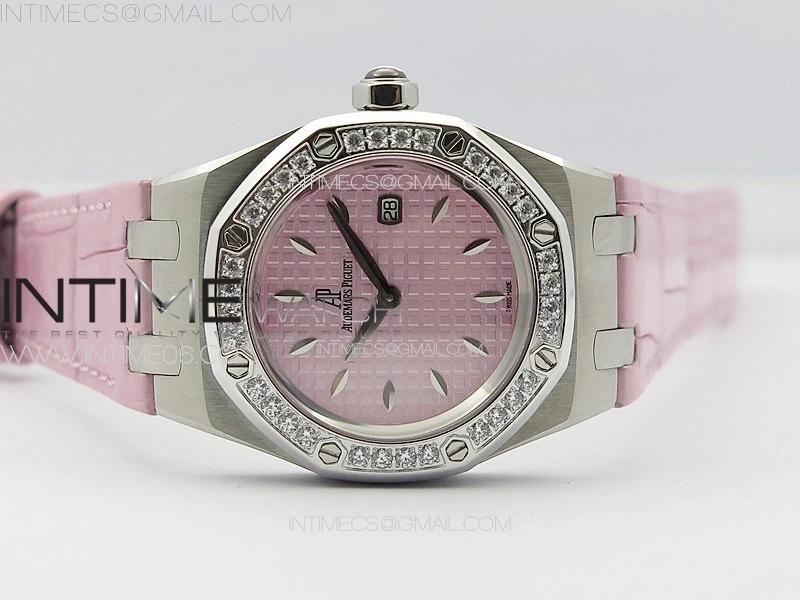 Lady Royal Oak 33mm 67620ST SS APSF 1:1 Best Edition Pink Textured Dial on Pink Leather Strap RONDA Quartz