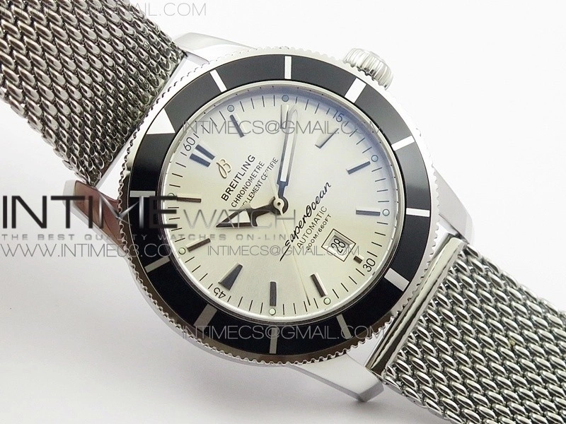 Super Ocean Heritage 46mm SS Black Bezel White Dial on SS Mesh Bracelet A2824