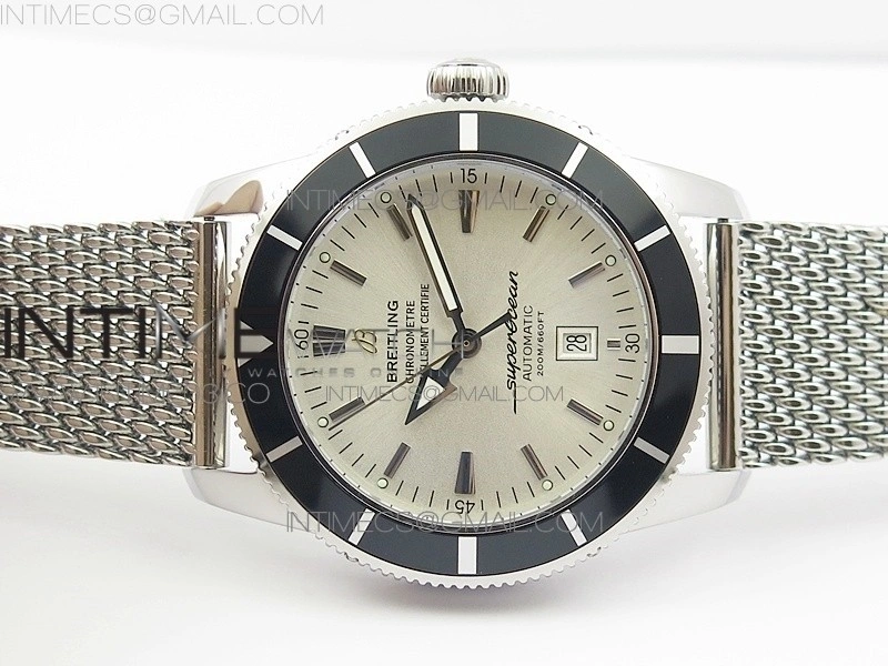 Super Ocean Heritage 46mm SS Black Bezel White Dial on SS Mesh Bracelet A2824