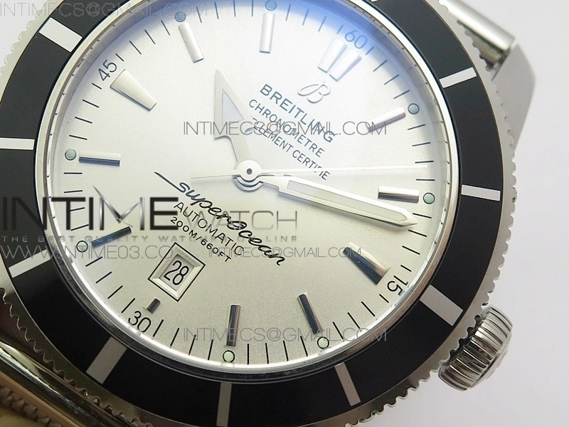 Super Ocean Heritage 46mm SS Black Bezel White Dial on SS Mesh Bracelet A2824