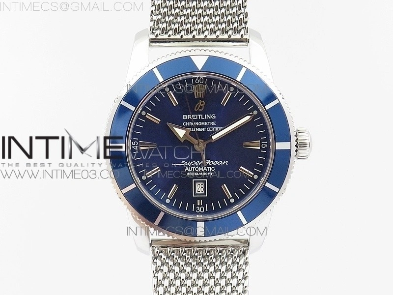 Super Ocean Heritage 46mm SS Blue Bezel Blue Dial on SS Mesh Bracelet A2824