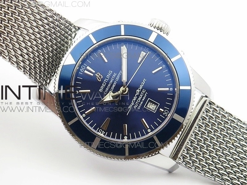 Super Ocean Heritage 46mm SS Blue Bezel Blue Dial on SS Mesh Bracelet A2824
