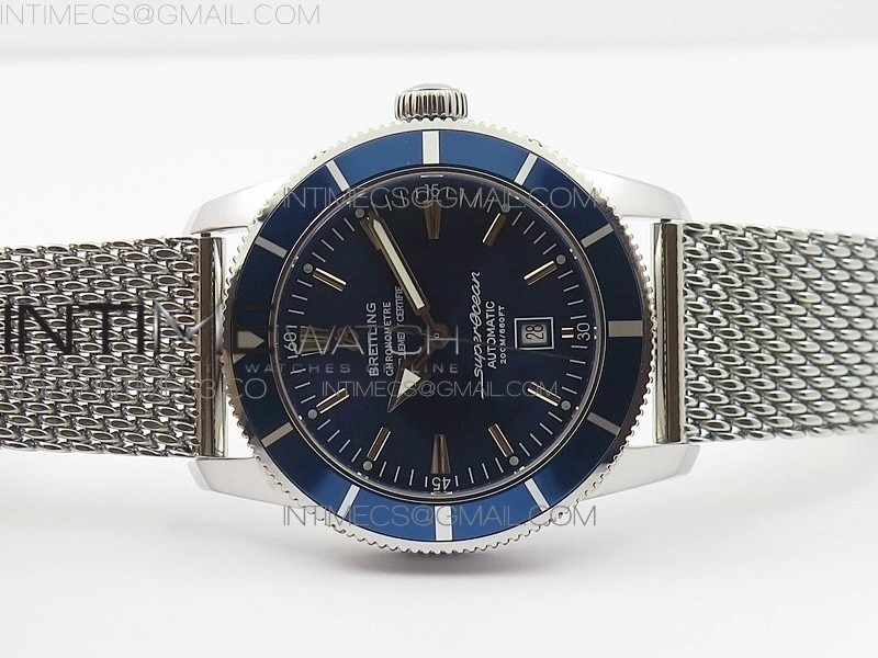 Super Ocean Heritage 46mm SS Blue Bezel Blue Dial on SS Mesh Bracelet A2824