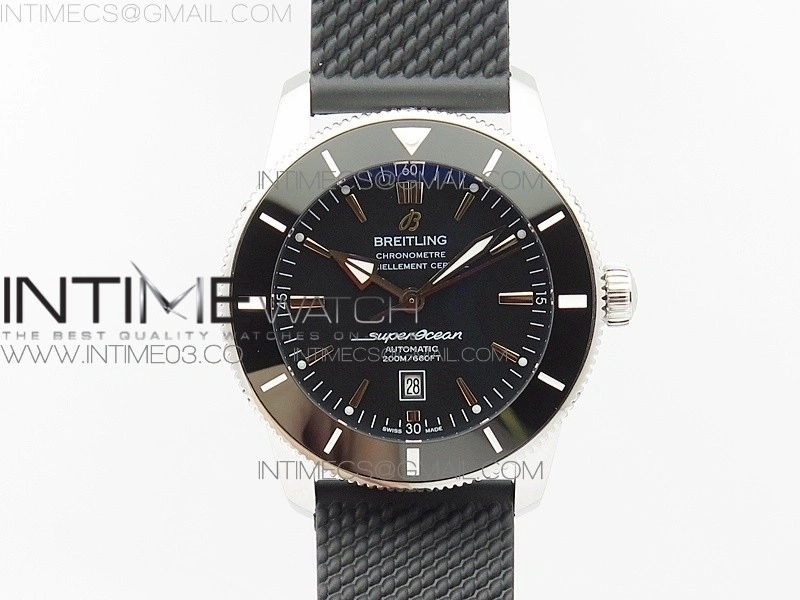 Super Ocean Heritage Black Ceramic Bezel SS Black Dial on Rubber Strap A2824