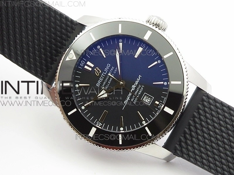 Super Ocean Heritage Black Ceramic Bezel SS Black Dial on Rubber Strap A2824