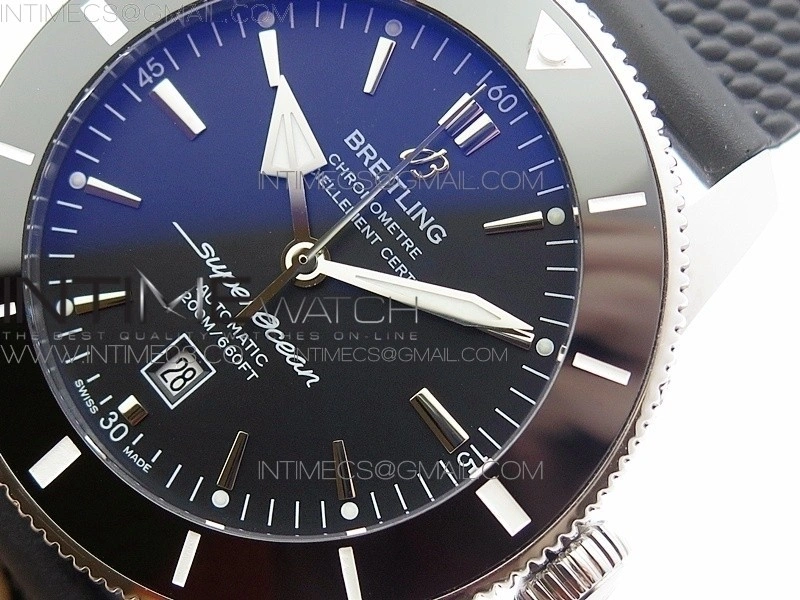 Super Ocean Heritage Black Ceramic Bezel SS Black Dial on Rubber Strap A2824
