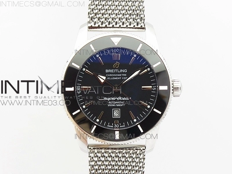 Super Ocean Heritage Black Ceramic Bezel SS Black Dial on SS Bracelet A2824