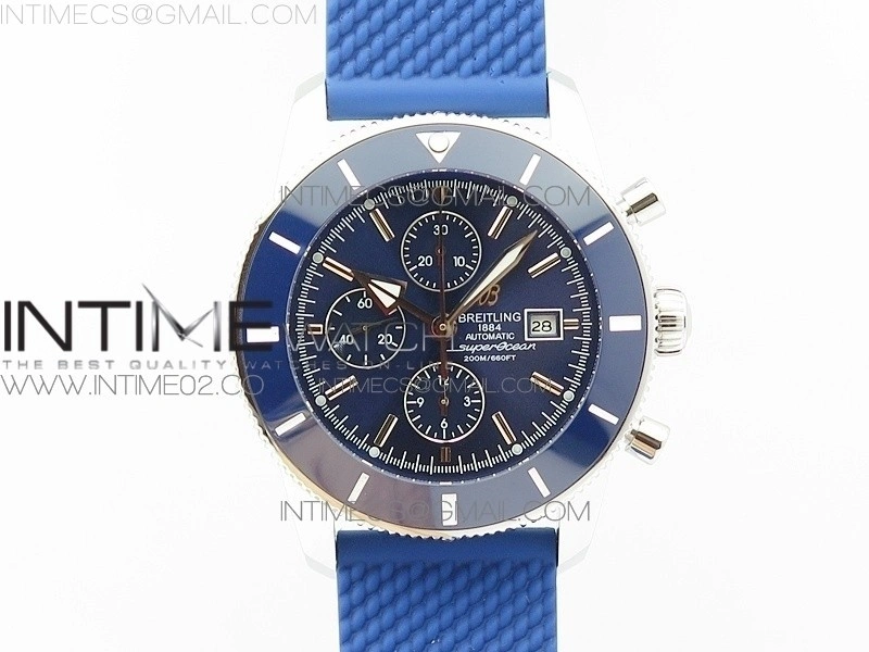 Super Ocean Heritage Blue Ceramic Bezel SS Blue Dial on Black Rubber Strap A7750