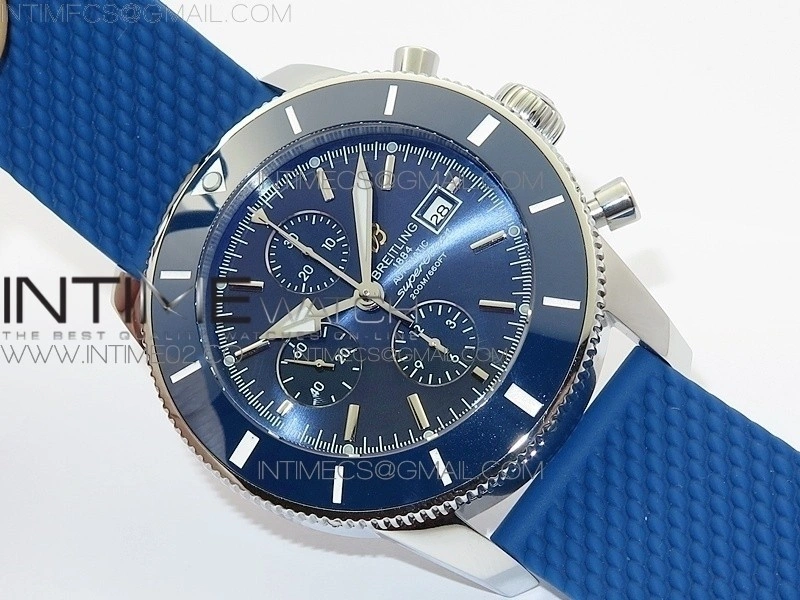 Super Ocean Heritage Blue Ceramic Bezel SS Blue Dial on Black Rubber Strap A7750