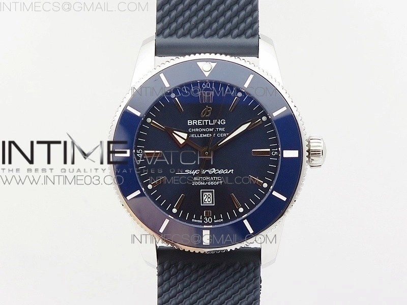 Super Ocean Heritage Blue Ceramic Bezel SS Blue Dial on Rubber Strap A2824