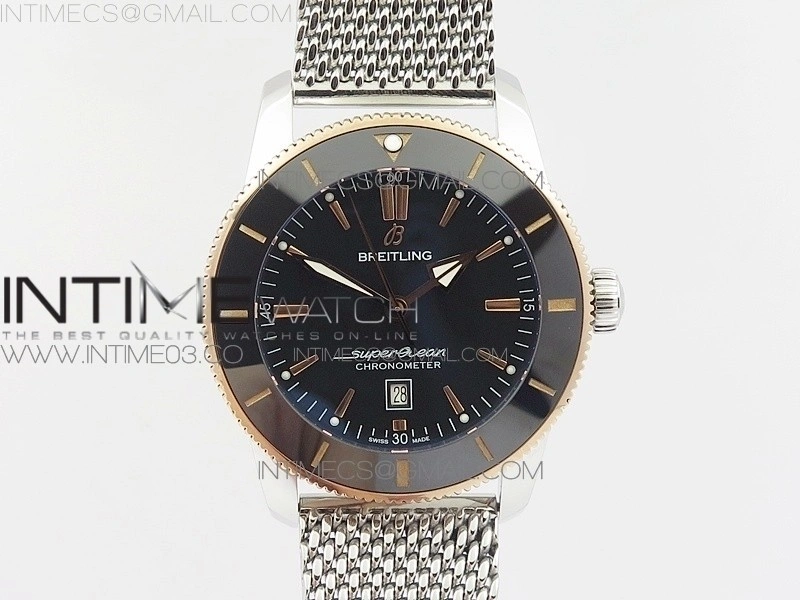 Super Ocean Heritage Blue Ceramic Bezel SS RG Black Dial on SS Bracelet A2824