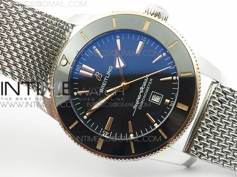 Super Ocean Heritage Blue Ceramic Bezel SS RG Black Dial on SS Bracelet A2824