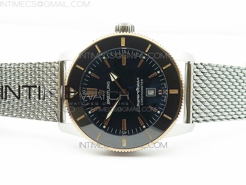 Super Ocean Heritage Blue Ceramic Bezel SS RG Black Dial on SS Bracelet A2824