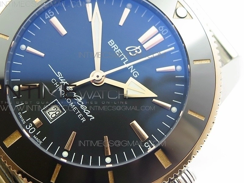 Super Ocean Heritage Blue Ceramic Bezel SS RG Black Dial on SS Bracelet A2824