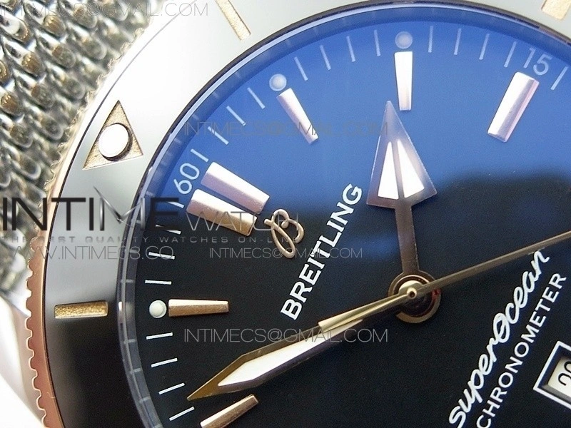 Super Ocean Heritage Blue Ceramic Bezel SS RG Black Dial on SS Bracelet A2824