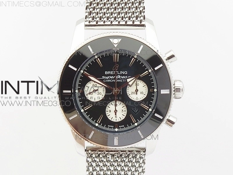 SuperOcean 46mm Black Ceramic Bezel Black Dial on SS Bracelet   Gummy Strap A7750
