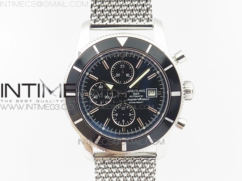 SuperOcean A13312 46mm Black Bezel Black Dial on SS Bracelet A7750