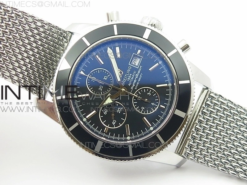SuperOcean A13312 46mm Black Bezel Black Dial on SS Bracelet A7750
