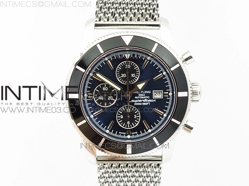 SuperOcean A13312 46mm Black Bezel Blue Dial black subdial on SS Bracelet A7750