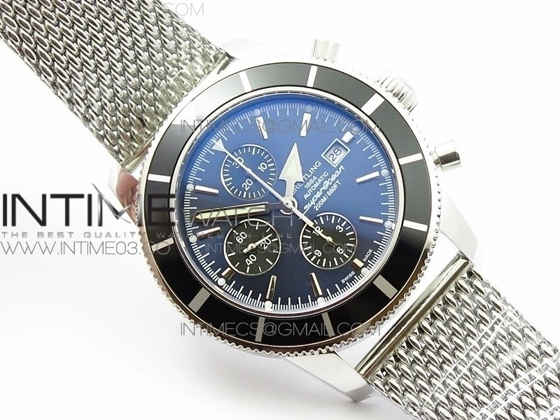 SuperOcean A13312 46mm Black Bezel Blue Dial black subdial on SS Bracelet A7750