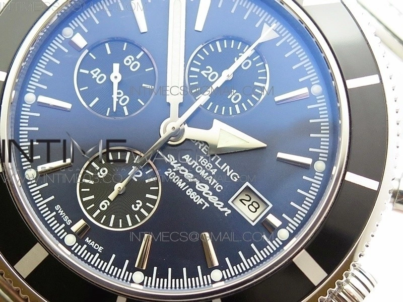 SuperOcean A13312 46mm Black Bezel Blue Dial black subdial on SS Bracelet A7750